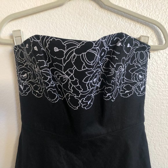 Ann Taylor LOFT Black Linen Floral Embroidered Strapless A-Line Dress 4 - Picture 3 of 6